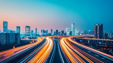 Fototapeta premium City Highway at Night, Light Trails, Urban Landscape