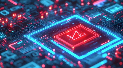 Obraz premium Circuit Board with Neon Red Down Arrow