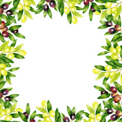 緑色と黒色のオリーブの正方形フレーム　フルーツの手描き水彩イラスト素材