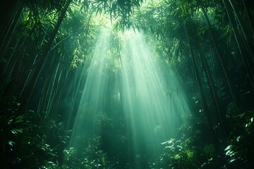 Naklejka premium Bamboo Forest with Sunlight Filtering Through