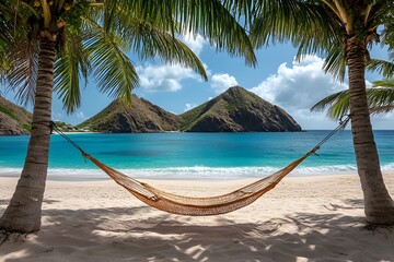 Fototapeta premium Empty Hammock between Palm Trees on Beach