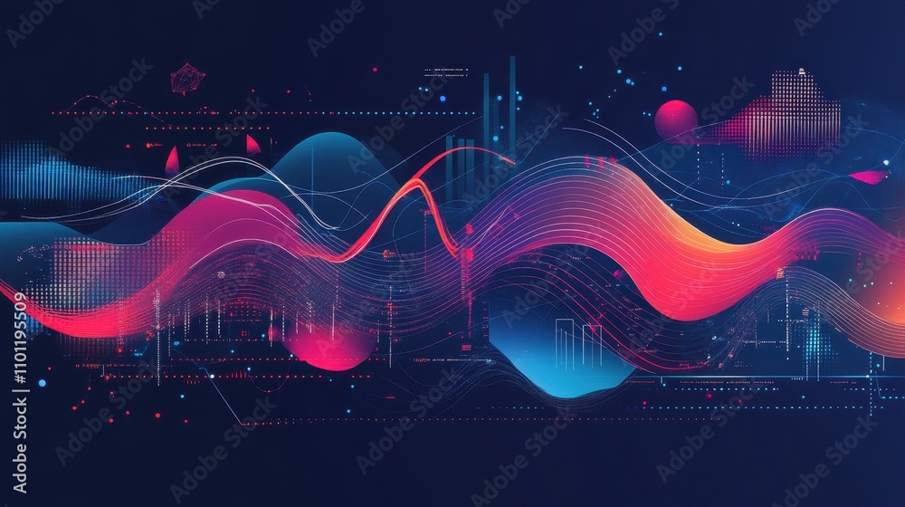 Poster abstract digital visualization of data with colorful wave patterns and graphical elements.