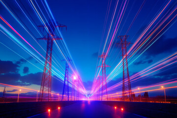 Obraz premium Intelligent electric grid uses AI for balancing energy, integrating eco-friendly sources. Pylons and transmission. Power lines near to major electricity substation. High voltage towers at sunset sky