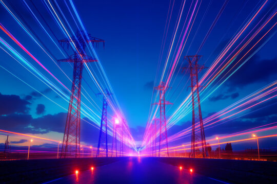 Intelligent electric grid uses AI for balancing energy, integrating eco-friendly sources. Pylons and transmission. Power lines near to major electricity substation. High voltage towers at sunset sky