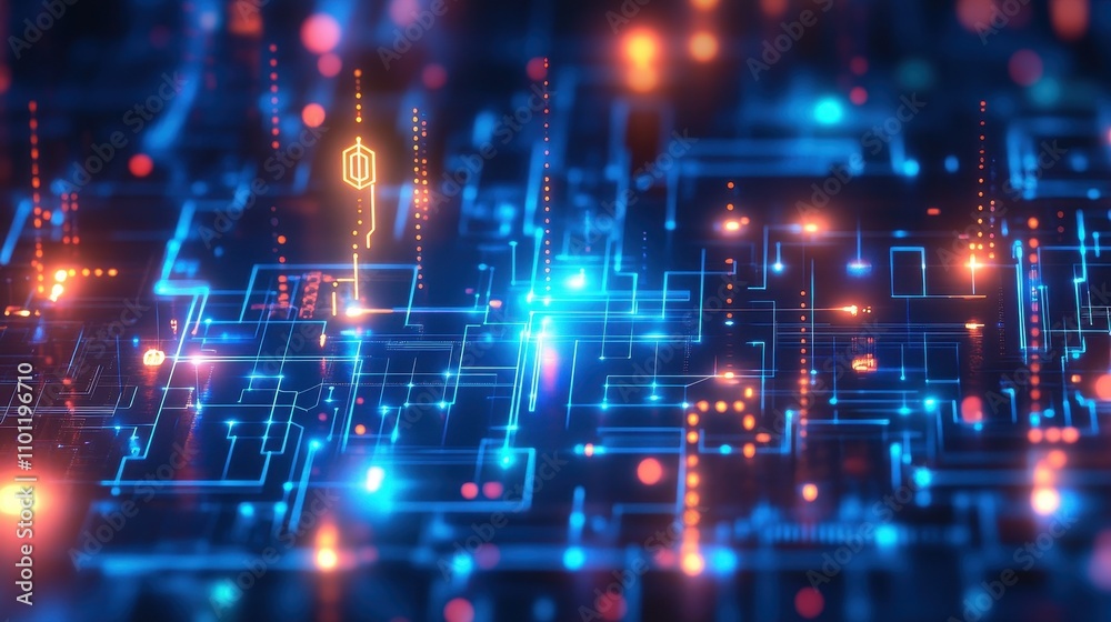 Poster a vibrant digital circuit board with glowing lines and nodes representing technology and data flow.