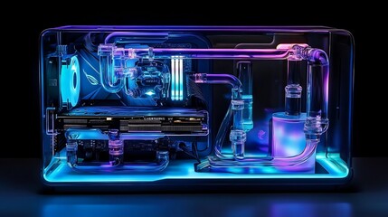 Obraz premium Sleek and Advanced Desktop PC Setup with Vibrant RGB Lighting and Water Cooling System
