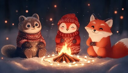 Cute animals bear, owl, fox in cozy winter attire, sitting around a campfire with Christmas lights