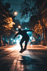 Silhouetted skateboarder jumps, night street lights.