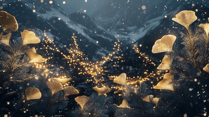 3D abstract art background with golden and teal leaves on dark blue, wallpaper design for wall decoration in the style of interior mural poster print modern painting