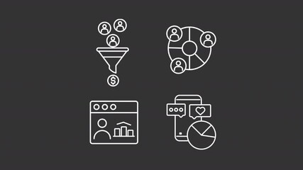Customer data animation library. Marketing statistics animated white line icons. Consumers, business. Isolated illustrations on dark background. Transition alpha. HD video. Icon pack