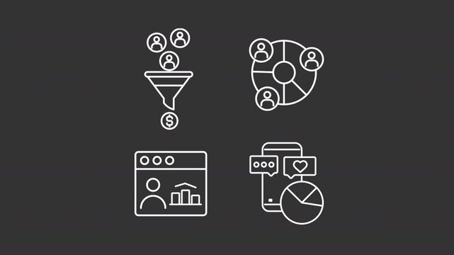 Customer data animation library. Marketing statistics animated white line icons. Consumers, business. Isolated illustrations on dark background. Transition alpha. HD video. Icon pack
