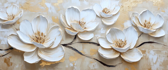 Oil painting, white 3D flowers on a beige background, gold foil accents.