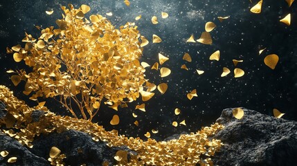 3D abstract art background with golden and teal leaves on dark blue, wallpaper design for wall decoration in the style of interior mural poster print modern painting