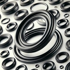  Black rubber O-rings are suitable for use with oil, machine Spare parts, grease, hydraulic oil, Heat resistance, Illustration, 3D rendering, and engineering. silicone, NBR, Viton. 