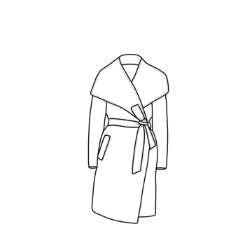 recommend clip art: Women's trench coat lapel collar long jacket. Overcoat with pockets line art illustration drawing template line art