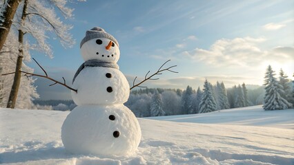 Obraz premium Snowman for Christmas and New Year. winter snowy forest. Surprises and gifts for the winter holidays
