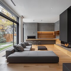 Fototapeta premium living room designed minimalist interior space, featuring soft, neutral tones and sleek, modern furniture. The room has a cozy yet sophisticated feel