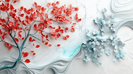3D abstract art background with golden and teal leaves on dark blue, wallpaper design for wall decoration in the style of interior mural poster print modern painting