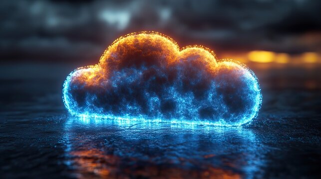 cloud computing with blue glowing lines structure rendering