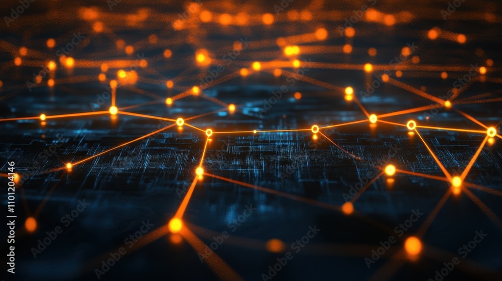Poster abstract digital network with glowing nodes and connections representing data flow.