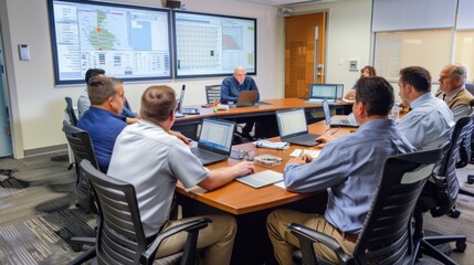 A business continuity planning session with corporate teams developing strategies for disaster recovery, risk management, and operational resilience in a dedicated planning room