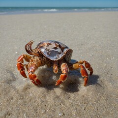 A hermit crab scuttling across a sandy seabed in crystal-clear, shallow water.

