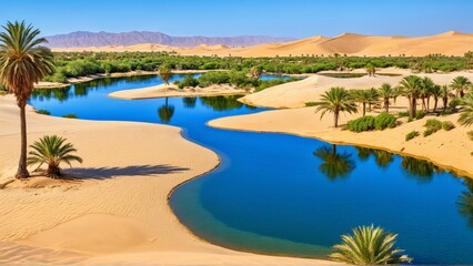 Obraz premium Stunning desert oasis with blue river and lush greenery under clear sky