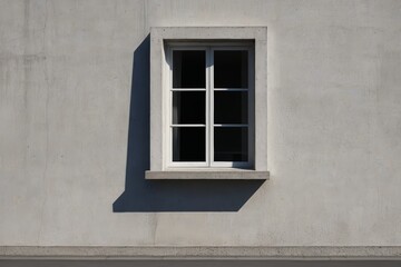 there is a white window on a gray wall with a white frame