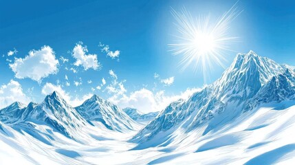 Snow-covered mountains under a bright sun with clear blue skies.