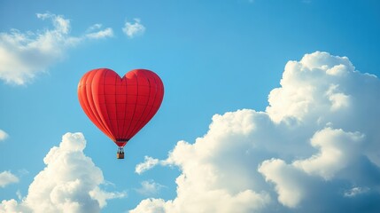 Obraz premium Vibrant red heart-shaped hot air balloon soaring through a bright blue sky filled with fluffy clouds