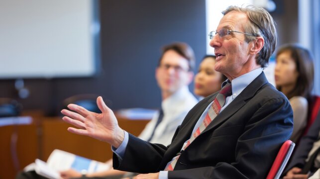 A business ethics seminar with professionals discussing corporate governance, ethical decision-making, and compliance in a professional seminar room