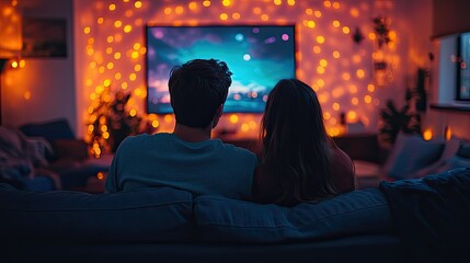 Naklejka premium couple watching movie on sofa at night back vie