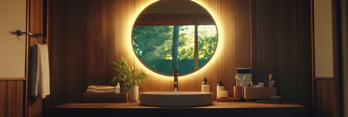 Illuminated round mirror above a modern bathroom sink with wooden walls and greenery.