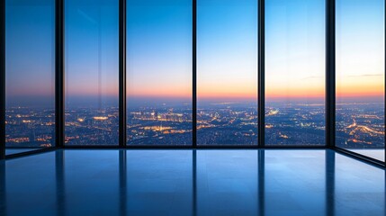 Fototapeta premium Breathtaking Urban Skyline View Through Large Glass Windows at Dusk, Capturing a Peaceful Transition from Daylight to Twilight in a Stunning Cityscape
