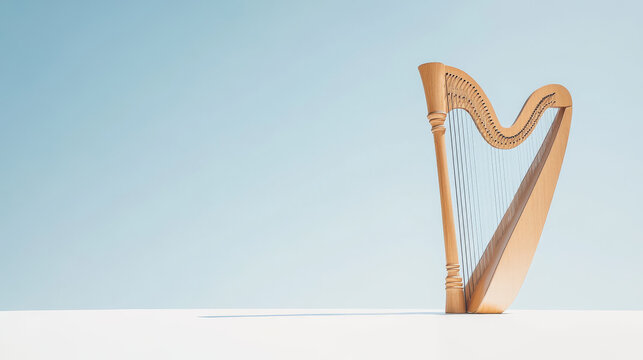wooden harp stands elegantly against light blue background, showcasing its graceful curves and strings. This serene image evokes sense of calm and musical beauty