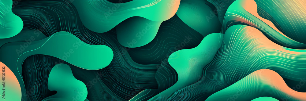 Poster Colorful abstract shapes weave together with smooth lines to create striking visual patterns in vibrant teal and orange hues