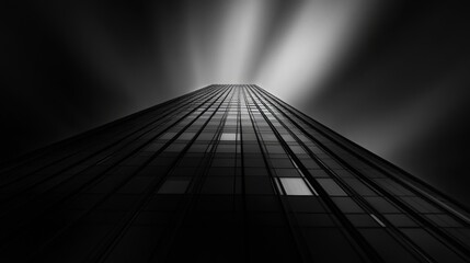 Fototapeta premium A Dramatic Low-Angle View of a Modern Skyscraper with Striking Light Rays Illuminating the Structure Against a Dark Sky in Black and White Photography