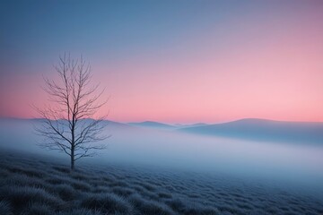 Obraz premium arafed tree in a field with a pink sky in the background