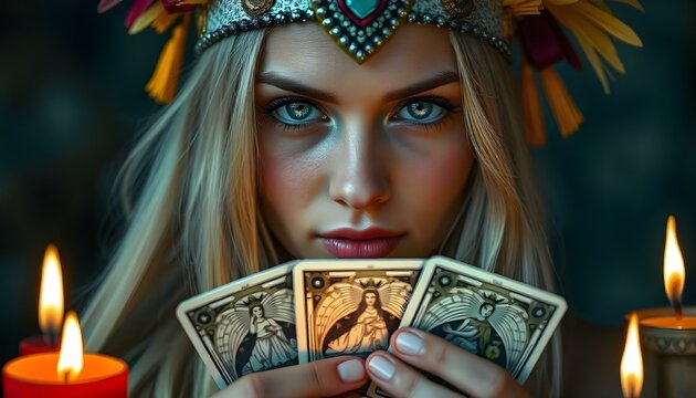 Tarot cards held by a young phychic medium with candles