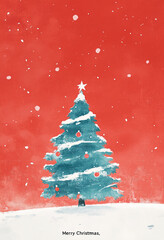 Obraz premium Festive Christmas tree adorned with ornaments against a bright red background with falling snow