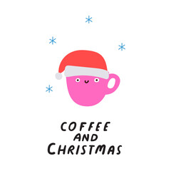 Cute cup of coffee and phrase - coffee and Christmas. Hand drawn vector design. Illustration on white background.