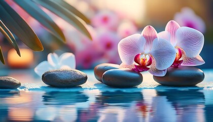 Fototapeta na wymiar Spa treatment with stones and orchids in a swimming pool, creating a serene, luxurious ambiance.
