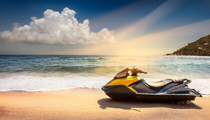 Obraz premium Yellow jet ski on the sandy beach blue ocean sunset sky calm inviting relaxing adventurous fun.