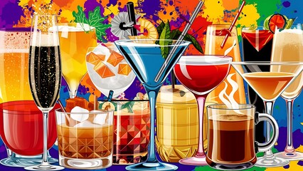 Several glasses of different drinks on bright background