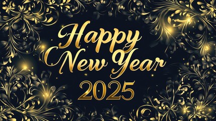 Elegant and impressive "Happy New Year 2025" card with shimmering gold text and intricate decorative patterns