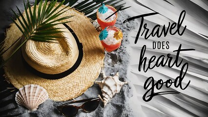Close up view of straw hat, cocktails, seashells, sunglasses and palm leaf on sand on grey backdrop, travel does heart good inscription