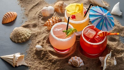 Close up view of glasses of refreshing cocktails on sand with seashells on grey bakgorund