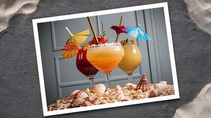 Close up view of glasses of refreshing cocktails on sand with seashells on grey bakgorund