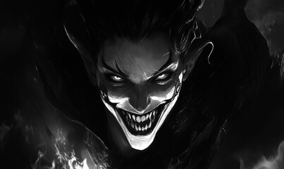 Menacing elven demon, grinning, dark, fiery.