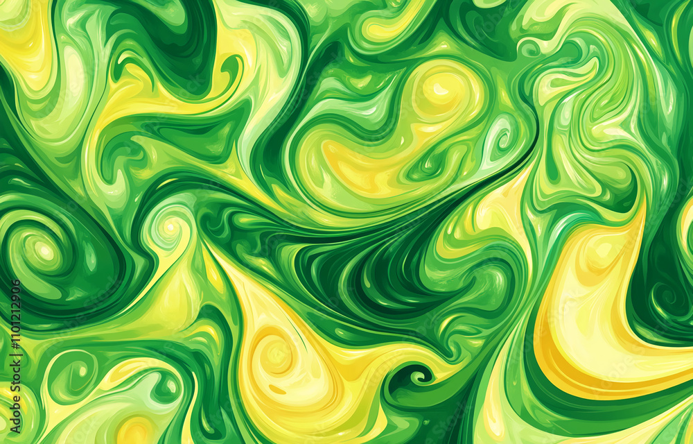 Poster Abstract green and yellow swirl pattern showcasing fluid dynamics on a canvas